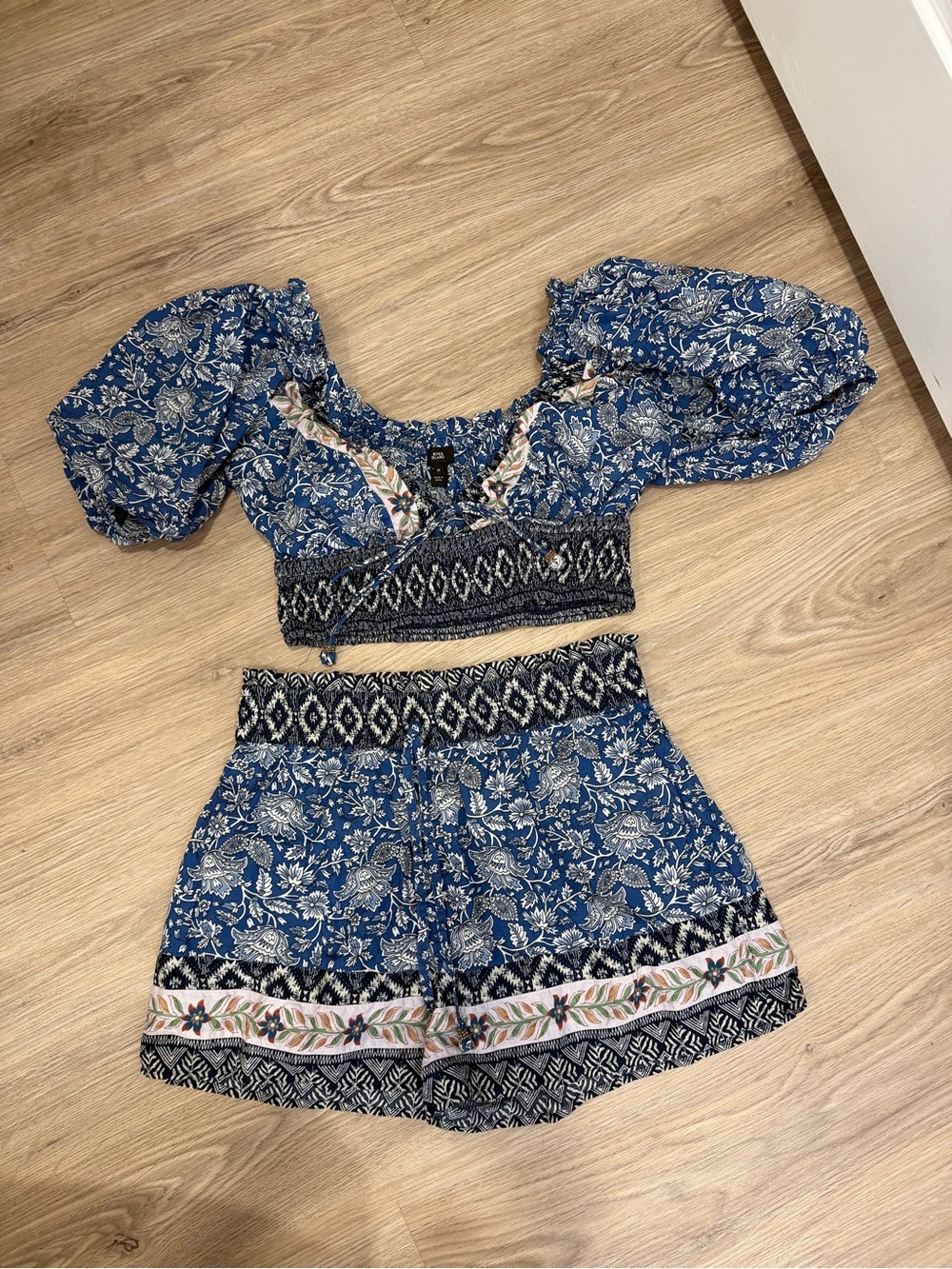 River Island Blue Floral Puff-Sleeve Crop Top and Matching Shorts
